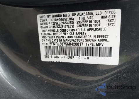 2006 Honda Odyssey Ex-L из США, поврежденный, VIN 5FNRL38756B420817